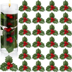 100 Pieces Christmas Holly Berries for Crafts Faux Berry Flowers Holly Leaves and Berries Christmas Wreath Fillers for Christmas Vase Fillers Floating Candle Table Centerpiece