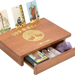 ZenBless Wooden Altar Table with Tarot Card Holder, Little Meditation Table Crystal Holder with 1 Drawer, Moon Phases Witchcraft Alter Table Meditation Room Decor, Wiccan Supplies and Tools,12″ x 8″