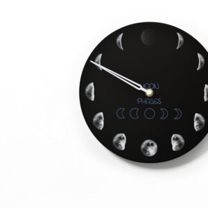 Moon Phase Wall Clock – Lunar Cycle – Round Black – Moon Phase Tracker – Lunar Phase Clock – Moon Phase Wall Art – Optional RGB LED 5V