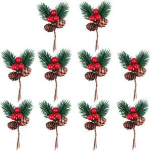 20 Pcs Christmas Pine Cone Picks Decorations Artificial Christmas Picks and Sprays Red Berry Stem Branches with Holly Leaves for Xmas Tree Christmas Wreath Decor (20)