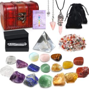 23PCS Natural Crystals and Healing Stones Set, 7 Raw Chakra Stones,10pcs Tumbled Stones, Pink Pillar Crystal Necklaces & Pendulum, White Pyramid & Pillar, 50g Stones Assorted, Wooden Box