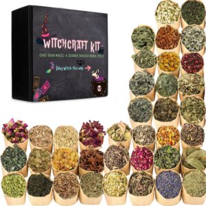 38Pcs Witchcraft Supplies kit, Dried Witch Herbs Set and Dried Herbs and Flowers for Witchcraft Pagan, Rituals, Spells, Lye for soap Making and Candle Wax for Candle Making for Beginner