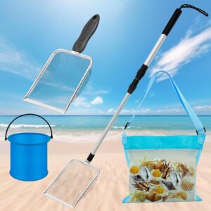 4pcs Shelling Scooper Tools for Beach, Adjustable Shark Tooth Sand Sifter with Mesh Shell Collecting Bag Foldable Beach Bucket Beach Scoop Shovel Toys for Adults Kids Picking Seashell Rock Hunting