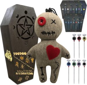 Ayidawedo®Authentic LOA Voodoo Doll Kit Include Spell Cards and Stress Relief Pins in Wooden Coffin Box – Gag Gift Complete Set