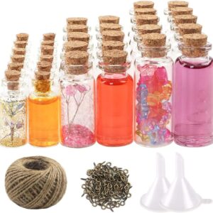 CUCUMI 44pcs Mini Glass Bottles with Cork Stoppers, 20ml Capacity, 50 Eye Screws, 30m Twine, Funnels, Perfect for Wedding Favors, Halloween Decorations, Miniature Art, Storage Accessories