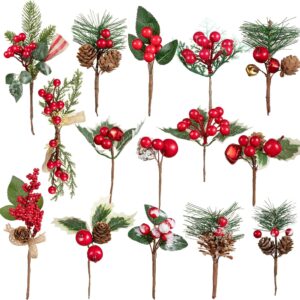 Crafare 15 Pack Small Artificial Christmas Picks 5″-10″ Assorted Red Berry Picks Stems Faux Pine Picks Spray with Pinecones for Christmas Floral Arrangement Winter Holiday Season Decoration