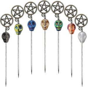 Crystal Skull Top Voodoo Doll Pins Set of 7 – Mini Pentagram Wands for Candle Magic Rituals (Multi-Color)