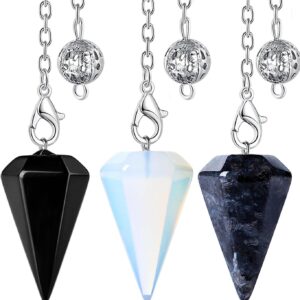 DUQGUHO 3 Pcs Crystal Pendulum Set Witchcraft Wiccan Accessories Divination Tools Natural Opal Labradorite Obsidian Healing Crystal Quartz for Reiki Pointed Crystal Grid Meditation Gemstone Pendants