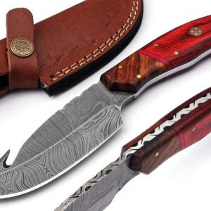 Damascus Knives Damascus Steel Knife – Fixed Blade Knives – Real Damascus Hunting Knife – Best Gut Hook Skinning Knife With Leather Sheath Belt Loop