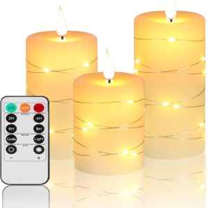 Flameless Candles With Remote, Battery Operated Candles LED Candles with string lights Flickering Candles with Timer, 4‘’ 5‘’ 6‘’ Candle For Seasonal and Festival Celebration’s Candles set of 3