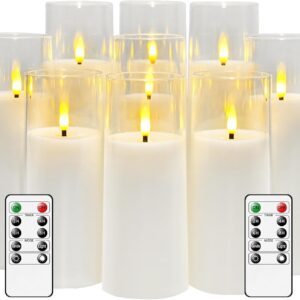 Flickering Flameless Candles Battery Operated with Remote and 2/4/6/8 H Timer Plexiglass Led Pillar Candles Pack of 9 (D2.3″xH 5″6″7″)with Realistic Moving Wick Candles for Home Decor(White)