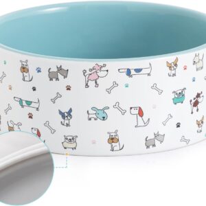 Fun Elements Ceramic Dog Bowls, Dog Bowls Large Sized Dog, 64 Fl Oz Heavy Dog Food Bowls Dog Water Bowl for Medium Dogs with Adorable Dog Patterns (Large,Blue)