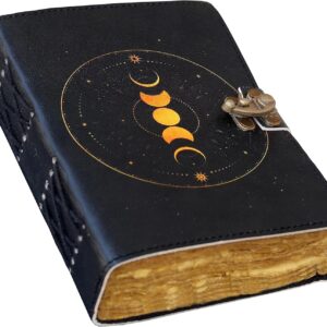 Grimoire Moon Phases Spell Book Of Shadows Journal, Witchcraft Supplies, Leather Bound Journal, Vintage Journal, Charmed Book Of Shadows, Vintage Notebook, Diary, Book Journal 7×5 In 200 Pages (Tan)