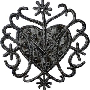 Haitian Art-Inspired Veve Design, Freda Veve Heart, 4″ Haiti, Ornament, Handmade, Unique Metal Ornaments