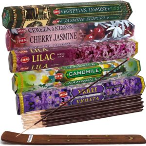 Hem Incense Sticks Variety Pack #13 and Insence Stick Holder Bundle with 5 Popular Floral Fragrances Including Jasmine – Inciensos Aromaticos para La Casa – 100 Insence-Sticks