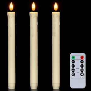 Homemory 3 Pcs Flameless Taper Candles with Remote Timer Dimmer, 9.6″ Ivory LED Candlesticks Battery Operated, Plastic Flickering Flameless Candles for Fireplace Wedding Seasonal Indoor Decorations