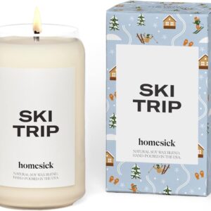 Homesick Scented Candles for Home (Ski Trip) – 13.75 oz Long-Lasting Natural Soy Wax Blend Jar Candle Gifts for Women & Men, 60-80 Hours Burn Time – Notes of Frosted Air, Warm Amber & Cinnamon