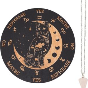 INFUNLY Wooden Pendulum Board 7.9″ Cat Moon Witch Dowsing Divination Planchette Board Metaphysical Message Board with Healing Crystal Necklace Witchcraft Wicca Altar Supplies Kit