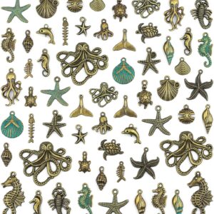 JIALEEY 100 Gram Assorted Antique Ocean Themed Charms Bronze Ocean Fish Sea Creatures Beads Pendants for Jewelry Making and Craft Making