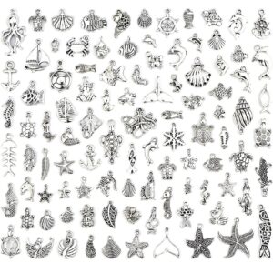 JIALEEY Wholesale 100 Pieces Mix Antique Silver Charm Pendant Collection DIY Jewelry Supply for Necklace Bracelet Dangle Jewelry Making and Crafting, Sea Animals Styles