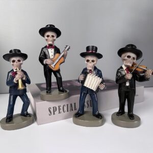 JORAE Skeletons Statue Mariachi Band Skull Halloween Figurines Home Decorative Set of 4 Day of The Dead Collectible Folk Musician Players, 5.5In