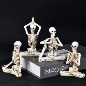 JORAE Yoga Skeletons Statue Set of 4 Bone Stretchers Halloween Figurines Meditating Table Collectible Home Decorative, Polyresin (White-Set 4)