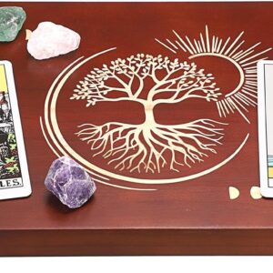 JUXYES Wooden Altar Table, Meditation Table Altar, Witch Small Altar Table, Buddhist Shrine, Wiccan Alter Table for Practicing Tarot Card, Engraved Moon Phase and The Tree of Life Design, 12×8 Inches