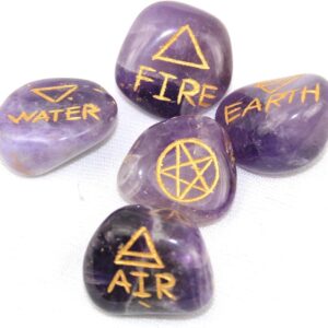 Jet Amethyst 5 Element Tumbled Stone Good Luck Engraved Symbols (Earth Air Fire Water Spirit) Polished Palm Stones for Gemstone Reiki Crystals Healing