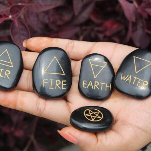 Jet Black Jasper 5 Element Flat Tumbled Plam Stone Set Handcrafted (Earth Air Fire Water Spirit) Polished Palm Stones for Gemstone Reiki Crystals Healing