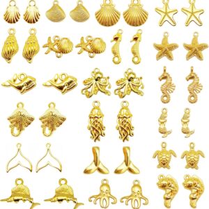 Julie Wang 100 PCS Alloy Gold Color Sea Shells Charms Ocean Animal Pendants Starfish Mermaid Tail Turtle Seahorse for Beach Theme Jewelry Making