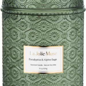 LA Jolie Muse Scented Candles Eucalyptus & Alpine Sage, Large Wood Wicked Candles, Decorative Candles in Glass, Natural Soy Wax, 90 Hours Long Burning, 19oz