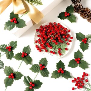 Lyrow 288 Pcs Christmas Artificial Holly Berry Stems with 60 Pcs Holly Leaves Red Holly Berries Picks Fake Berry Branches for Christmas Tree DIY Garland Home Wreath Craft Holiday Party Ornaments