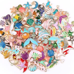 MARFOREVER 120 Pcs Ocean Themed Sea Charms for Jewelry Making, Assorted Gold Enamel Starfish Seashell Marine Pendants for Necklace Earring Bracelet Crafting Holiday Gifts for Women Mom Girls