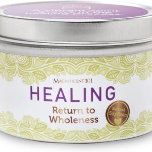 Magnificent 101 Healing Aromatherapy Candle in 6-oz. Tin Holder: 100% Natural Soy Wax with Palo Santo, Sandalwood & Lavender Essential Oils and Sage Leaves; for Intention Setting & Mental Clarity