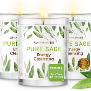 Magnificent 101 Set of 3 Long Lasting Pure Sage Smudge Candles, 42 Hour Burn – 3.5 Oz Each, Made of Soy Wax Candle for House Energy Cleansing, Meditation & Manifestation