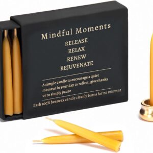 Mindful Meditation Candle Set with Mini Taper Candles – Prayer Candles with Taper Candle Holder, Relaxation Gifts for Women Stress, Serenity Prayer Gifts – 12 Beeswax Mini Yellow Candles with Holder