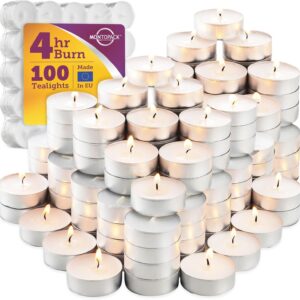 MontoPack Unscented Tea Light Candles 100 Pack | 4 hours, White, Smokeless, Dripless Small Votive Paraffin Tealights | Long-Lasting for Home, Shabbat, Weddings, Events, Emergencies | Mini Candles Bulk