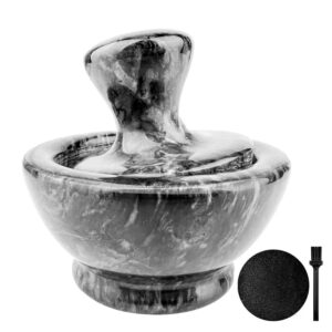 Mortar and Pestle Set, Marble Mortar and Mushroom Pestle,4 inch,1/2 Cup,Stone Grinder with Brush Placemat for Pills Herbs Spices,Easy to Grip,Gets a Fine Grind Easily,Pill Crusher,Black