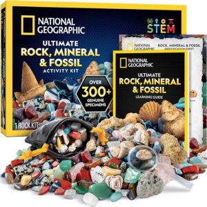 NATIONAL GEOGRAPHIC Rock Collection Box for Kids – 200 Piece Gemstones and Crystals Set Includes Geodes and Real Fossils, Rocks and Minerals Science Kit for Kids, A Geology Gift for Boys and Girls