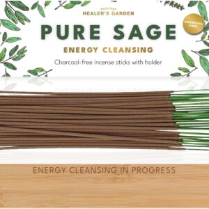 Premium Pure Sage Incense Sticks with Energy Cleansing in Progress Engraved Wooden Holder – Charcoal-Free for Clean Burn, Spiritual Smudging and Purification, 30 Sticks