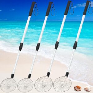 Roshtia 4 Pcs Sand Sifter, Beach Scoop Shovels and Shark Tooth Sifter Tools, Adjustable Metal Sand Scoop Long Handle Shell Scooper for Beach Seaside Grooming Sea Glass Seashell Collecting Hunting