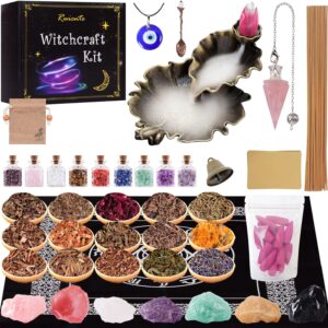 Ruicnte Witchcraft Supplies Witch Stuff Herbs Kit for Spell,Upgraded Wiccan Supplies and Tools,Include Herbs for Witchcrafts,Crystal,Frog Incense Burner,Witch Gift Wiccan Starter Kit Altar Supplies