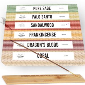 Sage Smudge Incense Sticks for Energy Cleansing with Incense Holder, White Sage Incenses with Burner for Smudging (Sage, Palo Santo, Sandalwood, Frankincense, Dragon’s Blood, Copal)