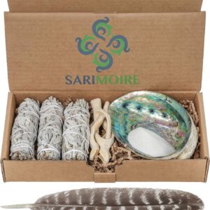 Sage Smudge Kit – White Sage Smudge Sticks – 4in ~ Abalone Shell 5-6in ~ 2in Tripod Stand ~ 9-12in Feather and White Sand