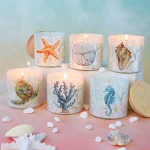 Scented Candles 6 Pack Natural Soy Wax Scented Ocean Themed Glass Jar Candle with Wooden Lid Aromatherapy Candle Gifts Set Home Decor Anniversary Birthday Christmas Mother Valentine’s Day