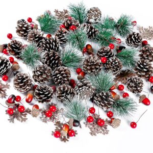 Sggvecsy 120 Pcs Artificial Pine Cones Pine Needles Artificial Red Holly Berries Natural Wooden Snowflake Christmas Wreath Accessories for DIY Christmas Garland Wreath Holiday Decoration