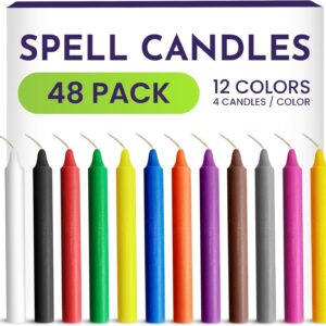 Spell Candles 48 Pack 4″ Tall x 1/2″ Dia, 12 Colors 4 Mini Candles Black, White, Green, Red, Yellow, Orange, Blue, Brown, Pink, Purple, Grey, Non-Metallic Gold, Free Candle Spell E-Book