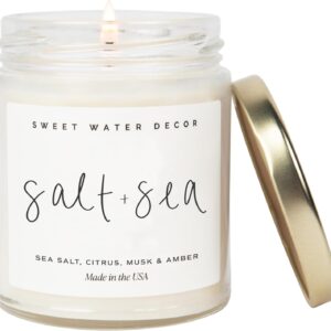 Sweet Water Decor Salt and Sea Candle – Sea Salt, Citrus, Amber, Musk, Beach Scented Soy Candles for Home – Coastal Decor for Beach Lovers – 9oz Clear Jar, 40 Hour Burn Time, Made in The USA