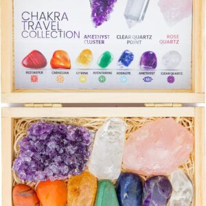 Travel Chakra Crystals and Healing Stones in Wooden Gift Box + 50pg EBOOK – 7 Chakra Tumbled Gemstones, Amethyst Crystal, Rose Quartz, Quartz Crystal Point, Stone Guide, Made in U.S.A.