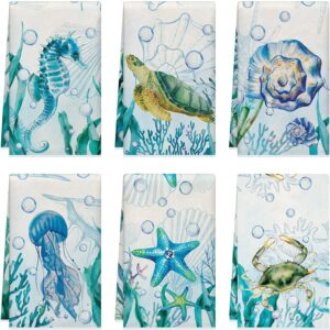 Tudomro Set of 6 Beach Kitchen Towels Sea Themed Dish Towels Beach Cloth Tea Towel Turtle Nautical Kitchen Towels, Hand Towels, Tea Towels, Housewarming Gift for Home, Hand Towels for Kitchen